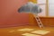 3d render of cloud that floating inside room with a white stair. Concept art