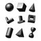 3d render. Collection of assorted geometric shapes: ball, cube, cone, cylinder, hourglass. Set of different icons, signs and