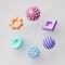 3d render. Collection of assorted geometric shapes. Set of different icons, signs and symbols. Colorful objects, clip art isolated