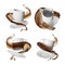 3d render, collection of assorted perspective views of white cup and brown liquid splash. Coffee or tea splashing drink. Objects