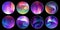 3d render, collection of assorted round stickers with colorful aurora borealis on night starry sky. Natural phenomenon design.
