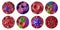 3d render, collection of assorted round stickers with microbiological designs. Red blood cells, bacteria and virus. Microscopic