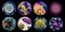 3d render, collection of assorted round stickers with microscopic designs. Germs bacteria and virus macro. Microbiological clip