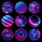 3d render, collection of assorted round stickers with neon balls. Circles isolated on black background