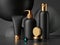 3d render, collection of black cosmetic bottles with gold caps isolated on dark background. Brutal design blank package mockup.