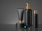 3d render, collection of black cosmetic bottles with gold caps isolated on dark background. Brutal minimal design blank package