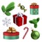 3d render, collection of Christmas decor elements: glass ball, gift box, candy cane, caramel sweet, evergreen spruce twig, crystal