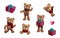 3d render, collection of fluffy plush bear toys in different poses, gift boxes. Festive clip art isolated on white background. Set