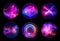 3d render, collection of neon round stickers, isolated on black background. Laser geometric line shapes and pink blue glowing