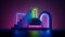 3d render, colorful background with abstract geometric shapes glowing with pink green and blue neon light. Futuristic showcase