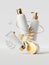 3d render, cosmetic bottles with golden caps, isolated on white background, skin care products levitate. Modern blank package