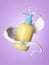 3d render, cosmetic mockup, yellow bottle and white liquid splash levitate, isolated on violet background, dispenser flask vial,