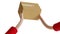 3d render, courier delivery service. Elastic cartoon hands hold brown cardboard box parcel, blank package mockup with copy space.