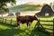 3D Render of a Cow Grazing in a Lush Green Pasture, Detailed Barn in the Background - Early Morning Farm Serenity