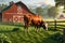 3D Render of a Cow Grazing in a Lush Green Pasture, Detailed Barn in the Background - Early Morning Farm Serenity