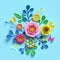 3d render, craft paper flowers, floral bouquet, botanical arrangement, candy colors, nature clip art isolated on blue background