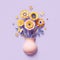 3d render, craft paper flowers inside vase, yellow floral bouquet, botanical arrangement, bright candy colors, nature clip art