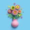 3d render, craft paper flowers, pink vase, floral bouquet, botanical arrangement, candy colors, nature clip art isolated on blue