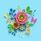 3d render, craft paper flowers, round floral bouquet, botanical arrangement, candy colors, nature clip art isolated on blue