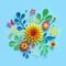 3d render, craft paper flowers, round floral bouquet, yellow dahlia, botanical arrangement, bright candy colors, nature clip art