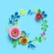 3d render, craft paper flowers, round floral wreath, botanical arrangement, blank space frame, candy colors, nature clip art