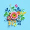 3d render, craft paper flowers, spring floral bouquet, botanical arrangement, candy colors, nature clip art isolated on blue