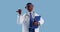 3d render, cute cartoon character doctor wears glasses and holds blue clipboard. Smart professional african male specialist.