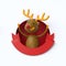 3d render, cute Christmas character, cartoon Reindeer inside round hole, red ribbon, greeting card template, copy space, blank ba