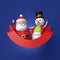 3d render, cute Christmas characters together, cartoon Santa Claus and Snowman, red ribbon, greeting card template, copy space, b