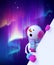 3d render, cute snowman wondering, christmas character, miracle, Aurora Borealis natural phenomenon, night polar sky, neon lights