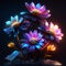 3d render of daisies on a dark background with neon lights AI generated