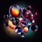 3d render, dark background with abstract colorful glass balls or iridescent bubbles