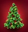 3d render, decorated Christmas tree. Evergreen spruce twigs with festive ornaments and colorful lights, seasonal clip art isolated