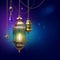 3d render, decorative lanterns hanging on golden chains, glowing light, arabic decor, tribal decoration, Ramadan Kareem