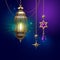 3d render, decorative lanterns hanging on golden chains, ornate crescent, glowing light, arabic traditional decor, Ramadan Kareem