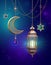 3d render, decorative lanterns hanging on golden chains, ornate crescent, glowing light, arabic traditional decor, Ramadan Kareem