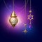 3d render, decorative lanterns hanging on golden chains, Ramadan Kareem, glowing light, arabic traditional ornaments