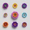 3d render, decorative paper flowers, floral background, botanical pattern, vivid candy colors, vibrant palette, isolated