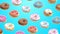 3D render Different donuts on a blue background