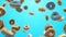 3D render Different donuts on a blue background