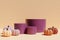 3d render of different shades of orange pumpkins with purple round podiums on a beige background