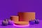 3d render of different shades of purple pumpkins with orange neon lit round podiums on a dark purple background