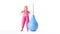 3d render digital illustration. Cartoon character woman doctor wears pink uniform, stands near big blue enema clyster.