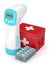 3d render of digital thermometer with first aid kit and pills