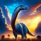 3D render of a dinosaur in the field at sunset. The Jurassic period. generative AI