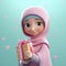 3D Render of Disney Style Beautiful Muslim Young Girl Wearing Hijab With A Gift Box. Eid Mubarak. Generative AI