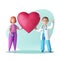 3d render, doctor cardiologist with assistant, cartoon characters hold heart shape. Healthcare clip art. Medical consultation