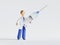 3d render. Doctor cartoon character holding big syringe with vaccine against virus. Vaccination clinical research,