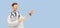 3d render. Doctor cartoon character wearing stethoscope and pointing up. Clip art isolated on blue background. Professional