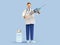 3d render. Doctor or pharmacist cartoon character holds syringe with vaccine against the virus. Medical clip art isolated on blue